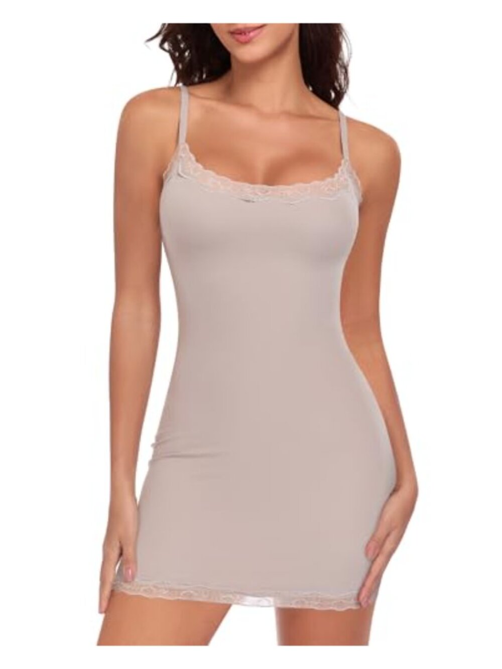 Women's Full Slip Dress Adjustable Cami Lace Trim Mid Thigh Nylon Spandex